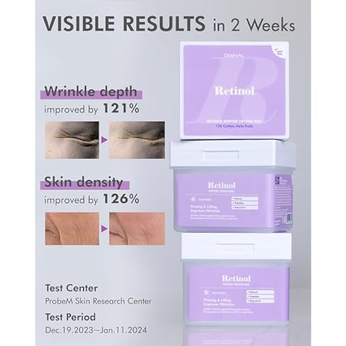 DERMAL RETINOL PEPTIDE LIFTING PAD - KOREAN TONER PAD FOR ANTI-AGING & WRINKLES WITH BAKUCHIOL - VEGAN PURE COTTON SQUARE PADS - HIGH CAPACITY, 120 SHEETS - Image 3